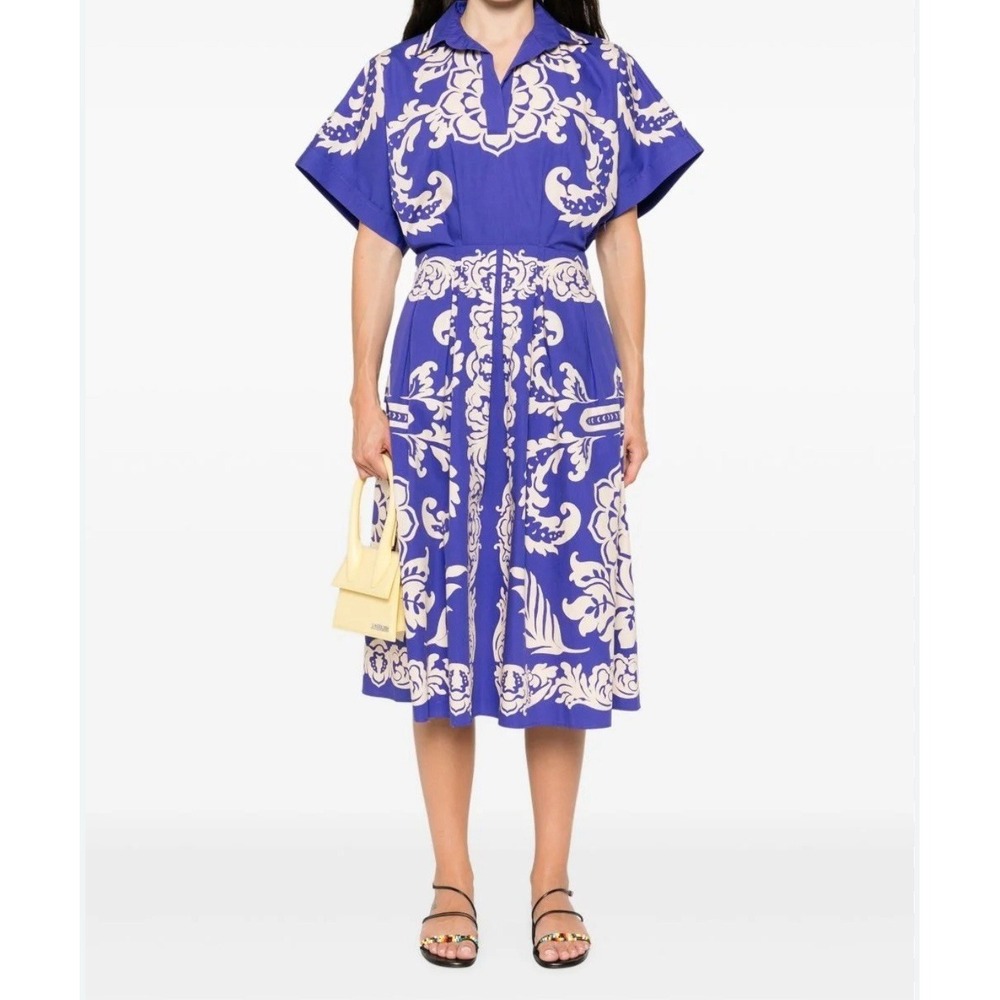 NWT Etro Milano $1,850 Blue Midi V-Neck Paisley Fit Flare Boho Style Dress Sz 42